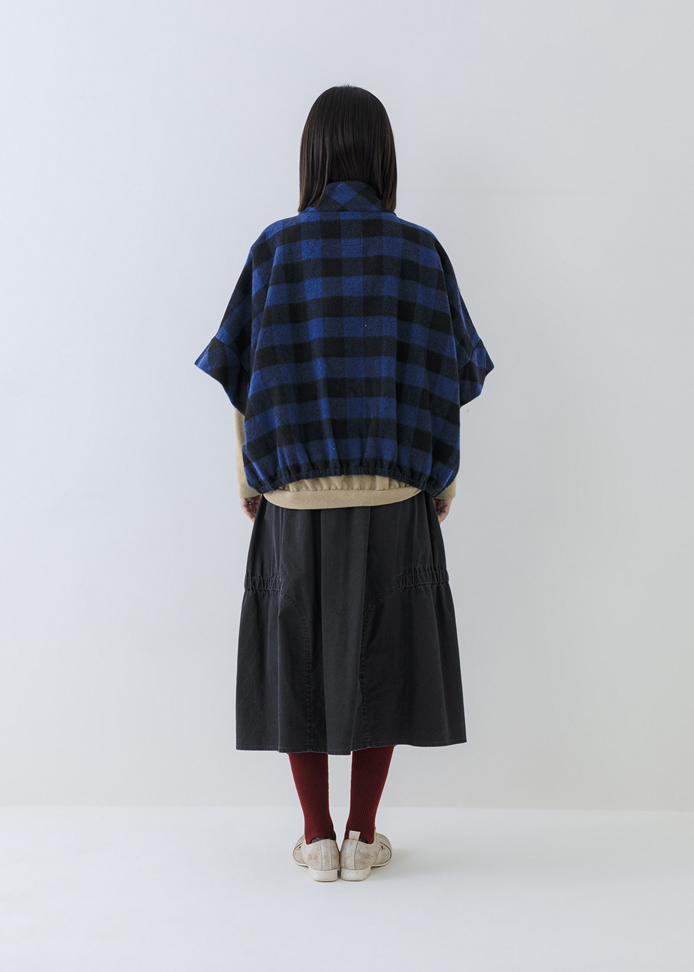 毛呢藍黑格綁繩大立領外套