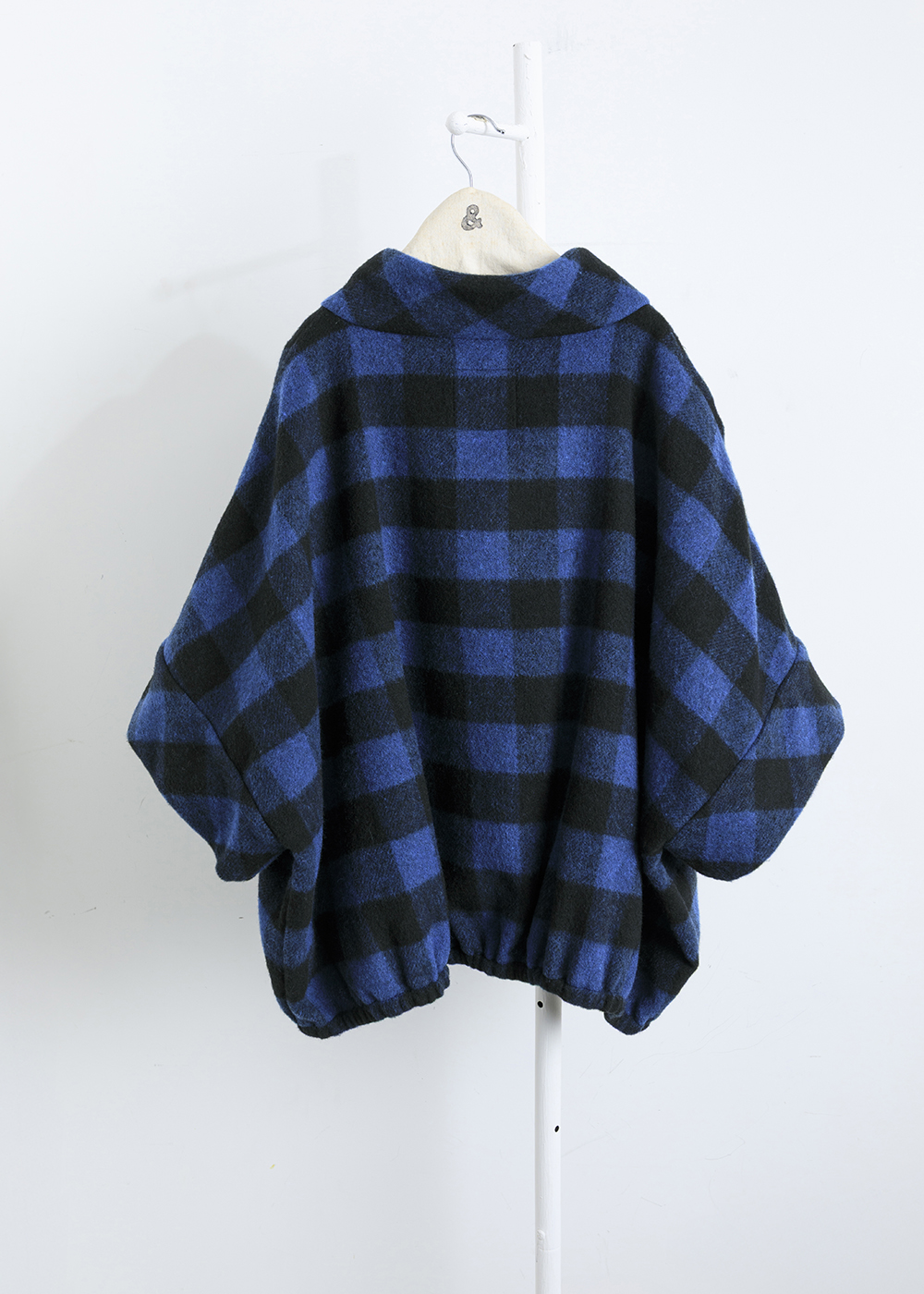 毛呢藍黑格綁繩大立領外套