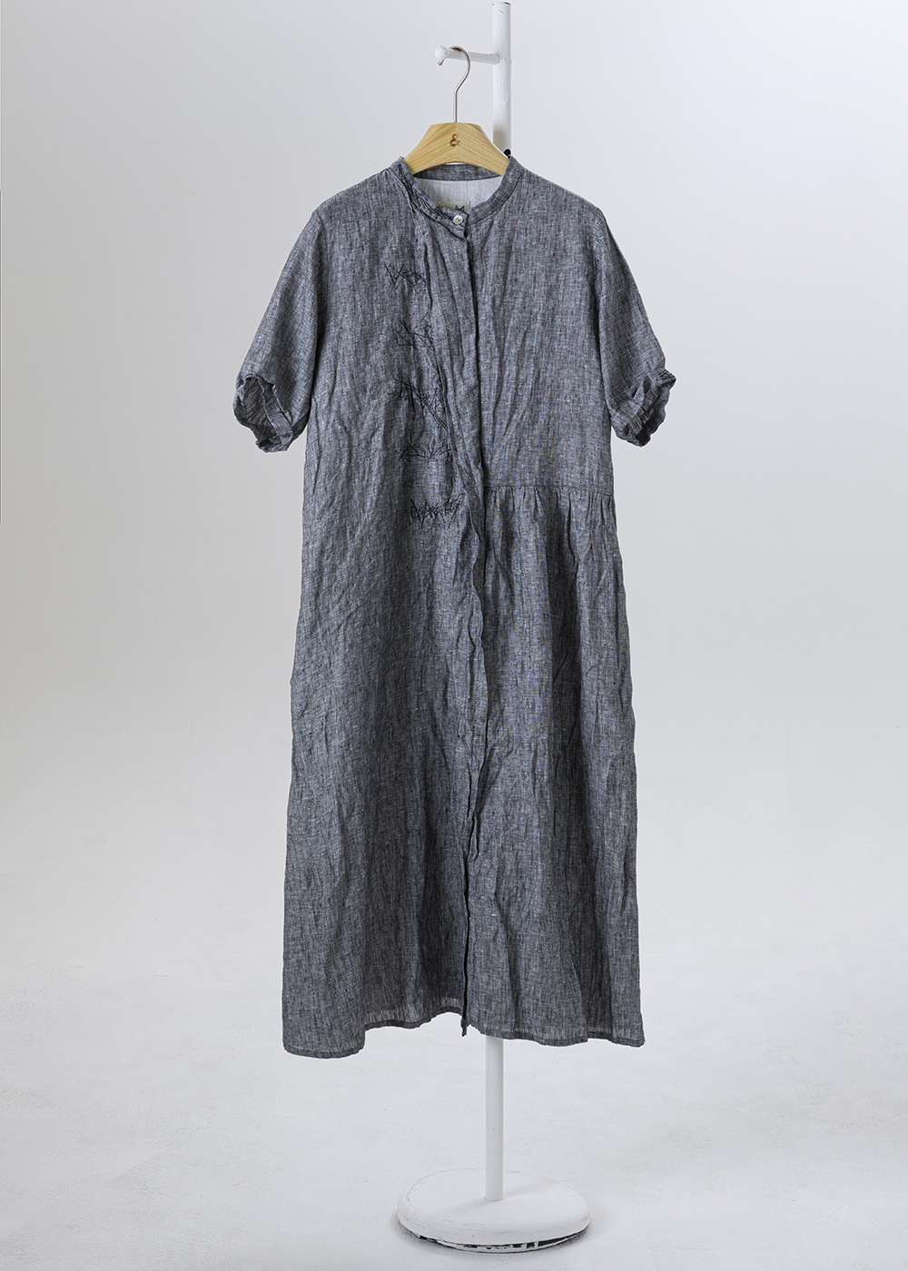  |日曬亞麻|捲袖立領皺感襯衫洋裝