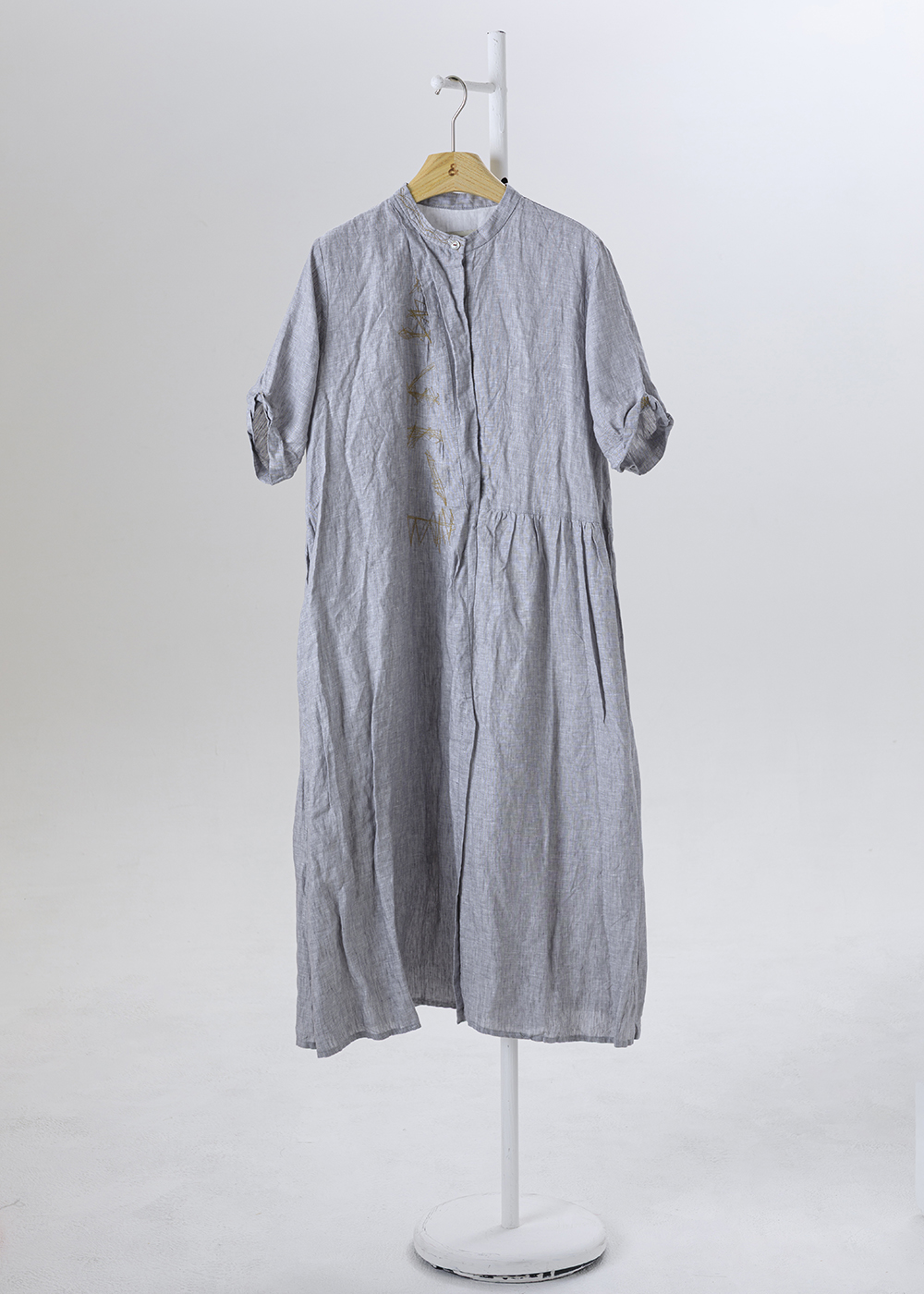  |日曬亞麻|捲袖立領皺感襯衫洋裝