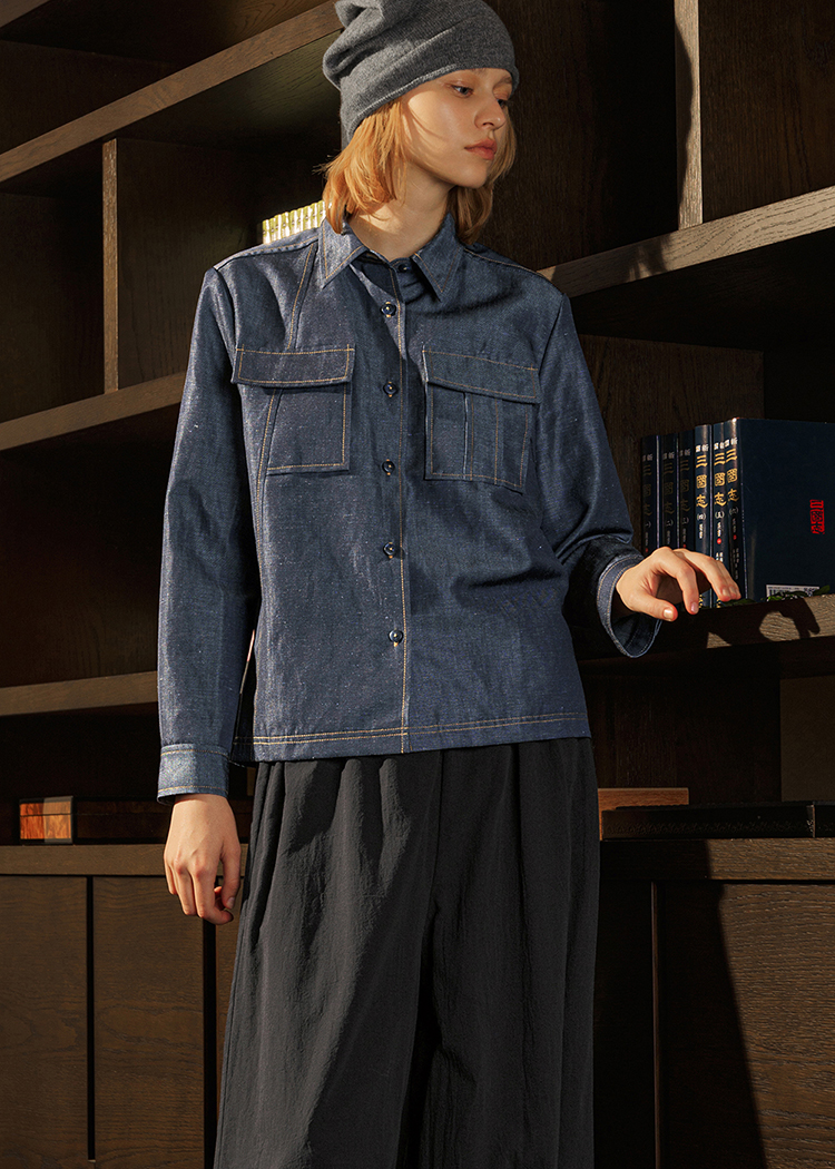 Hat Denim Shirt With Black Skirt Denim Shirt