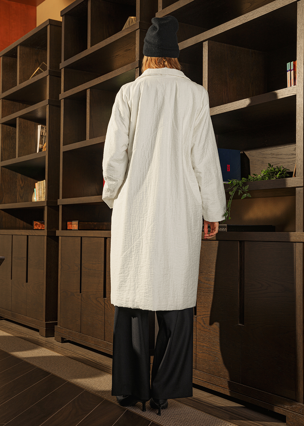 靜霧立領薄鋪棉長版大衣