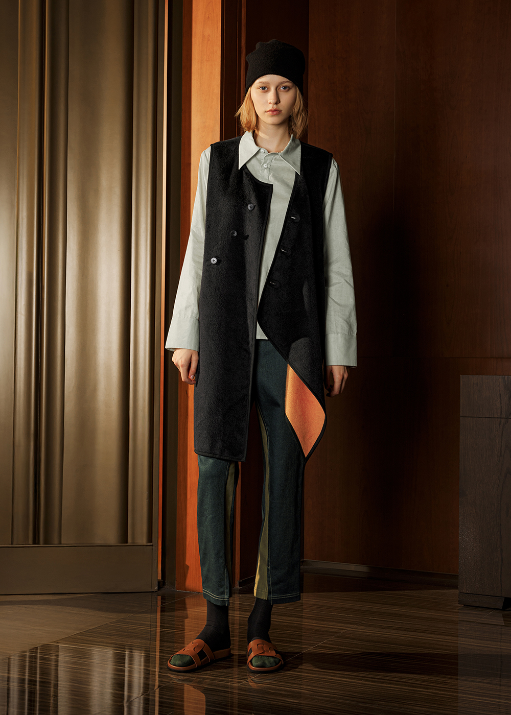 智性拼接開衩修飾長褲