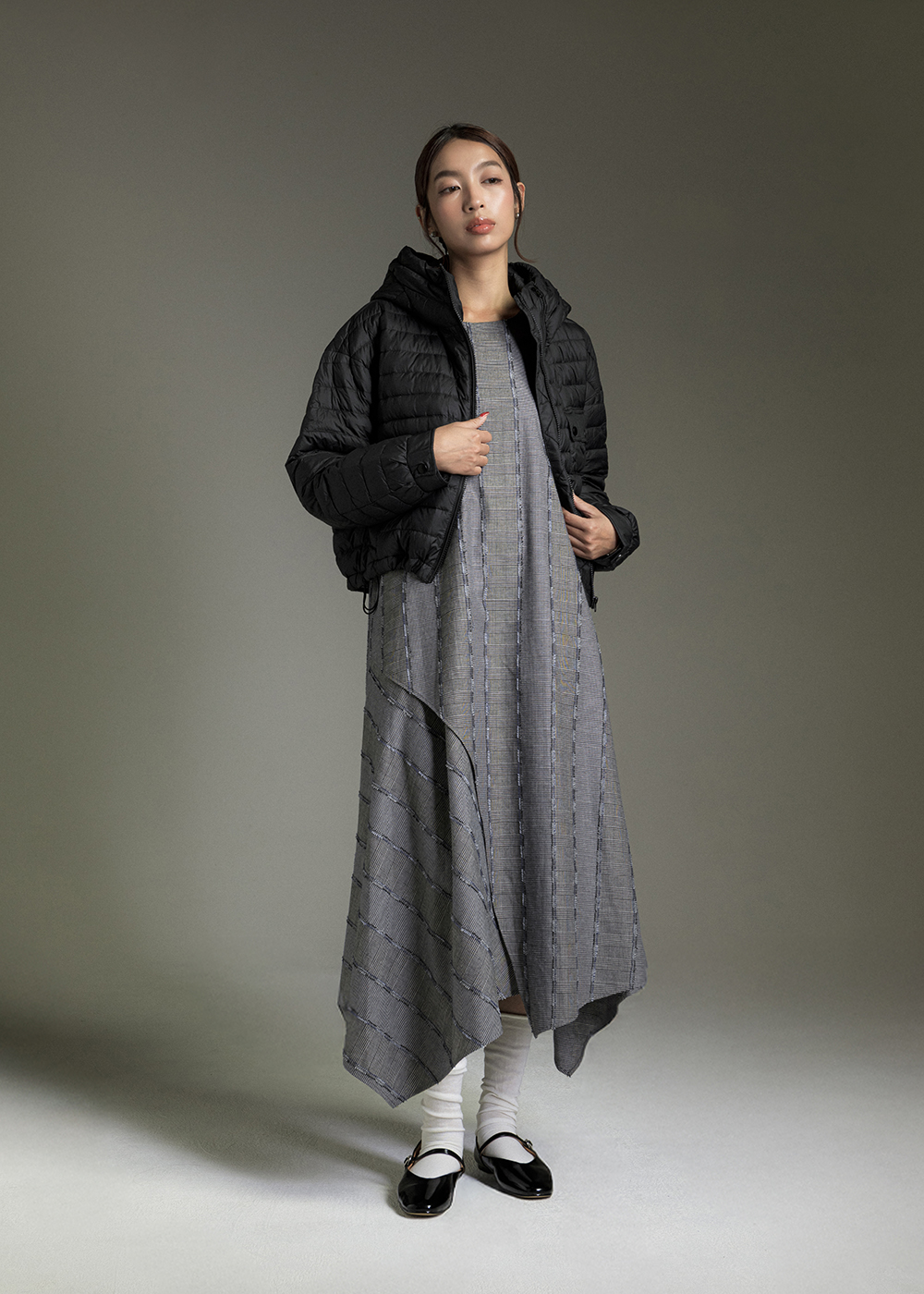 立體格紋不規則下擺長版洋裝 