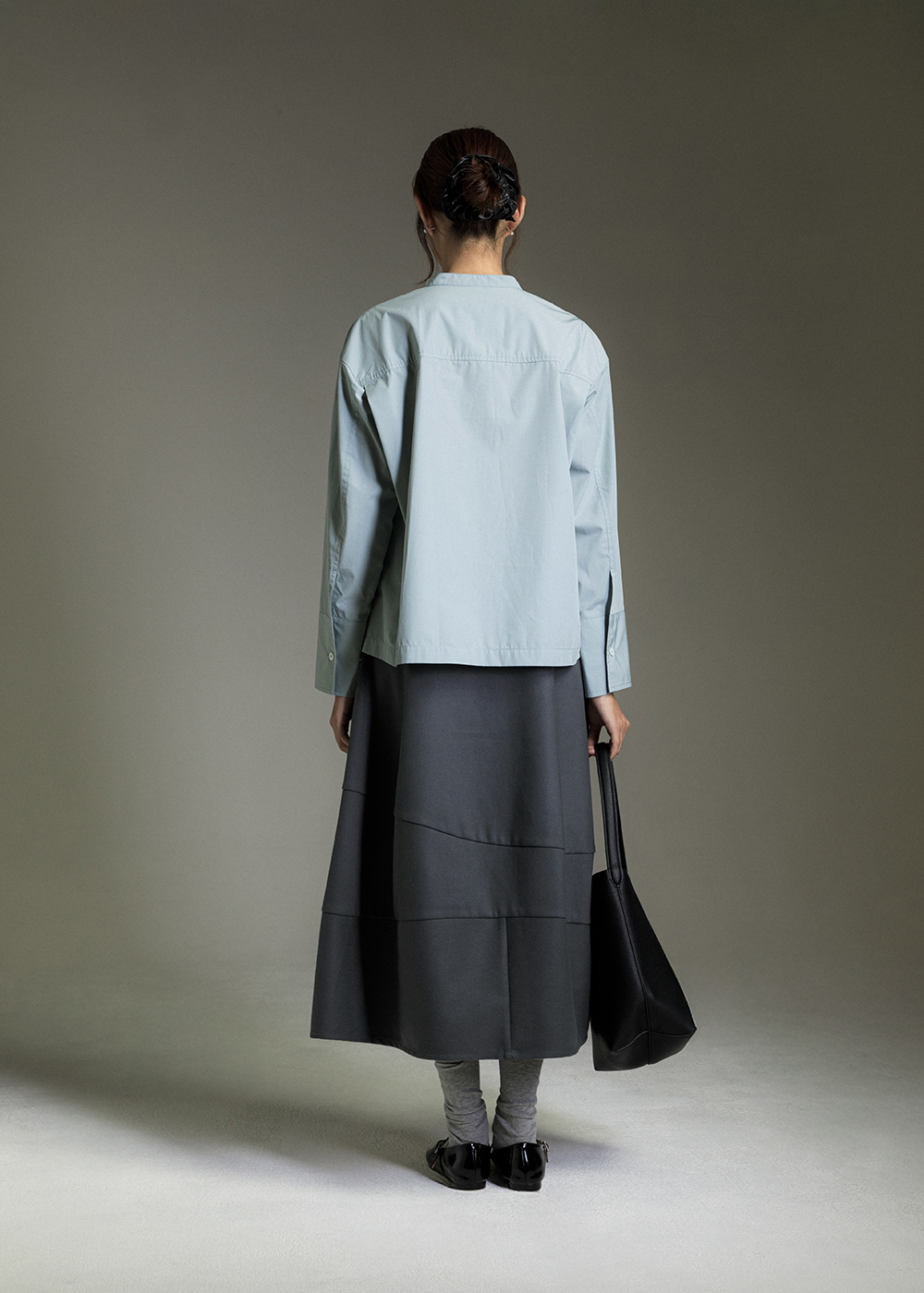 褶飾亨利領修身襯衫