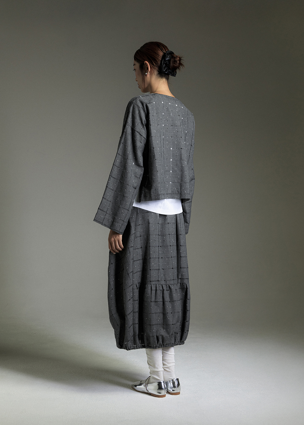 格紋織理寬袖上衣