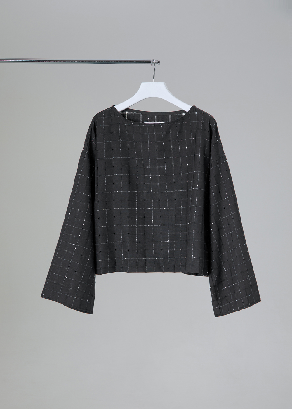 格紋織理寬袖上衣