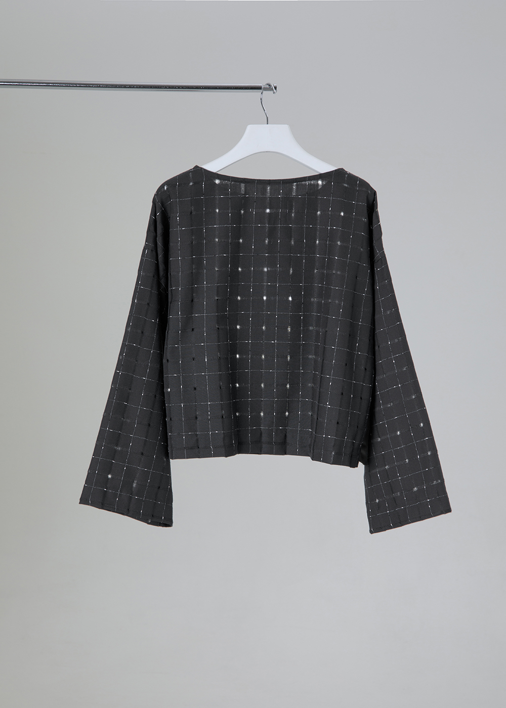 格紋織理寬袖上衣