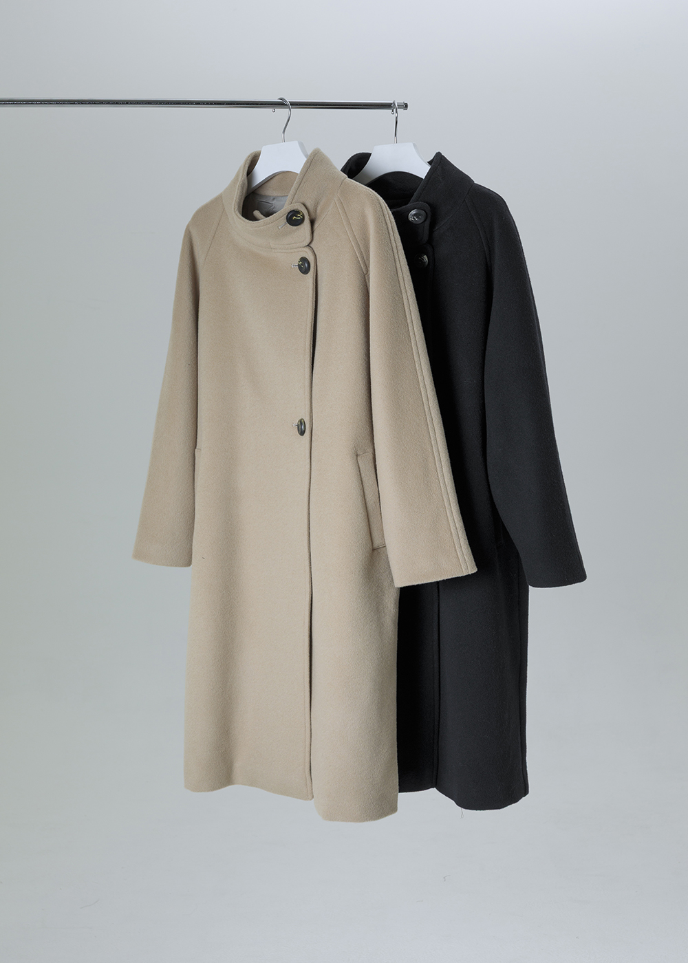 留白立領斜襟羊毛混紡長版大衣