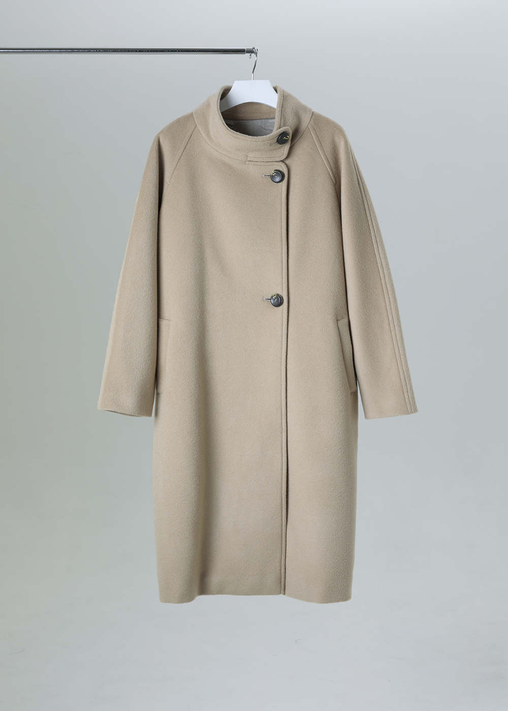 留白立領斜襟羊毛混紡長版大衣