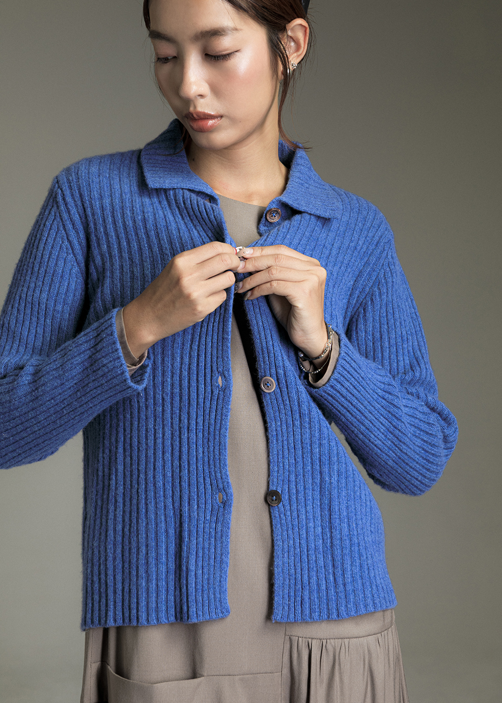 襯衫領羅紋開襟羊毛外套