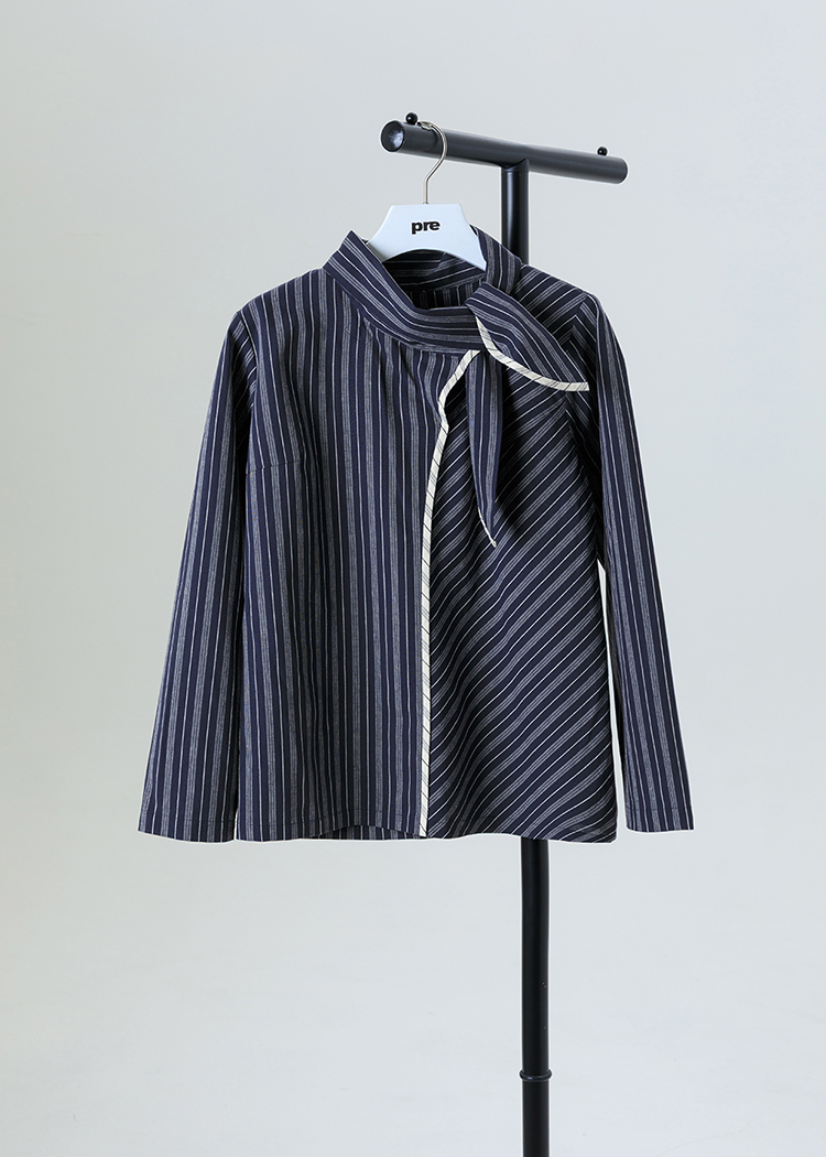 Striped blouse with side bow tie neck