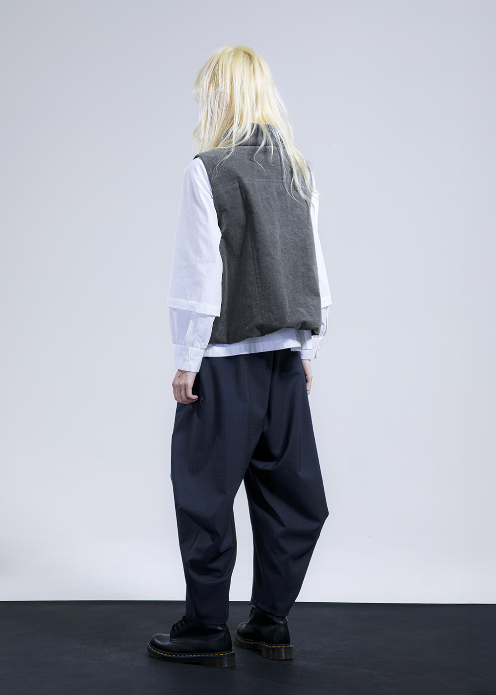 立體尖褶錐型格紋長褲