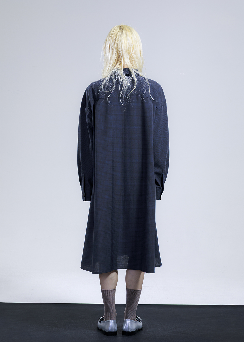 立褶暗格紋襯衫長洋裝