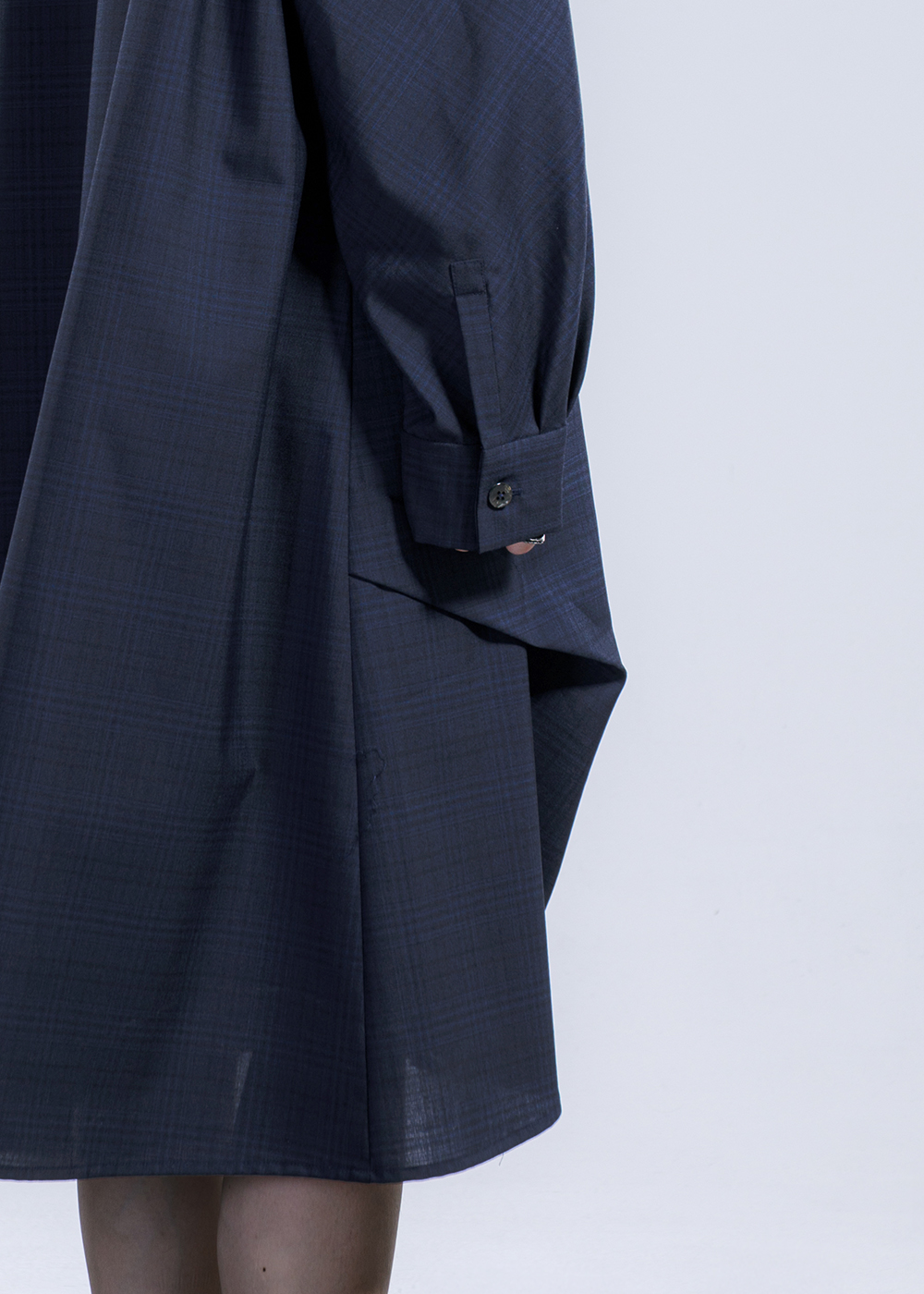 立褶暗格紋襯衫長洋裝