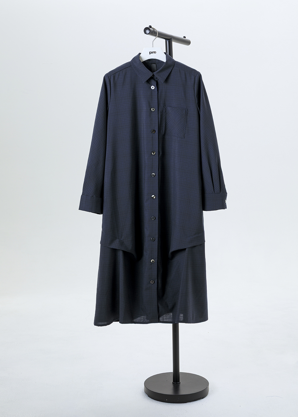 立褶暗格紋襯衫長洋裝