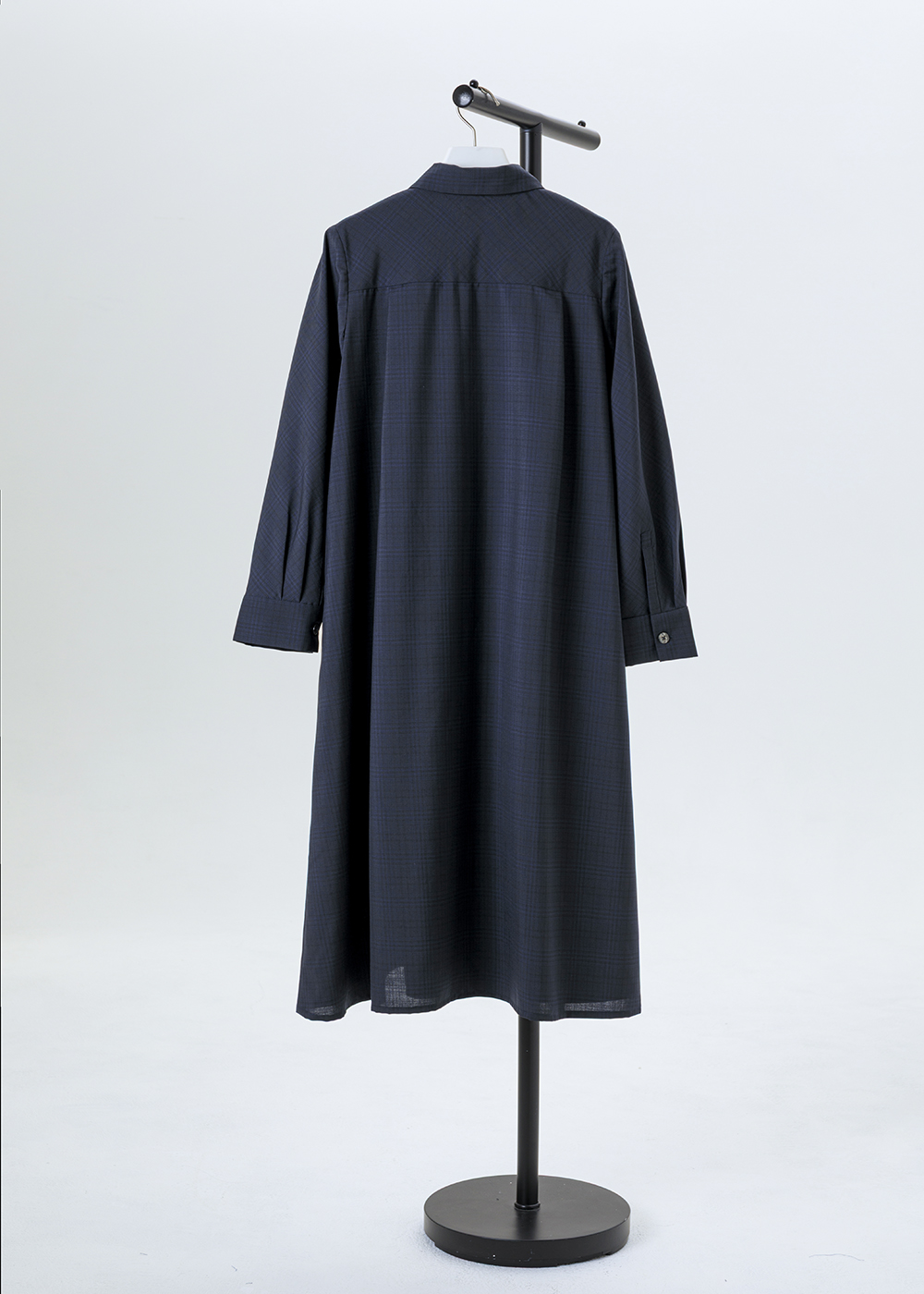 立褶暗格紋襯衫長洋裝