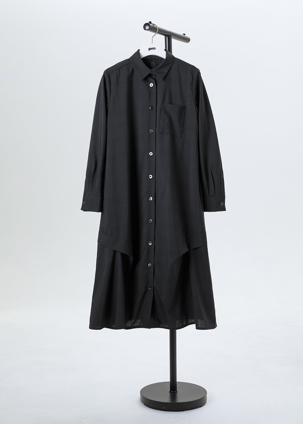 立褶暗格紋襯衫長洋裝