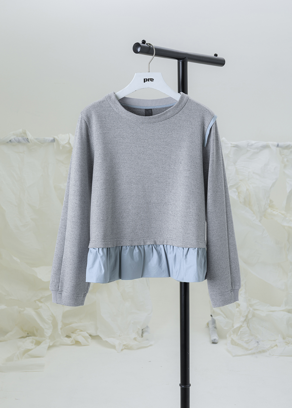 圓領格紋下襬拼接上衣