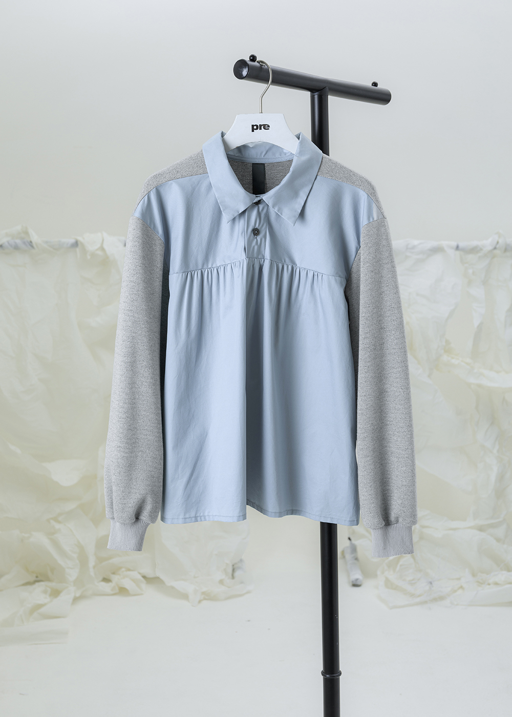 靜霧襯領羅袖拼接上衣