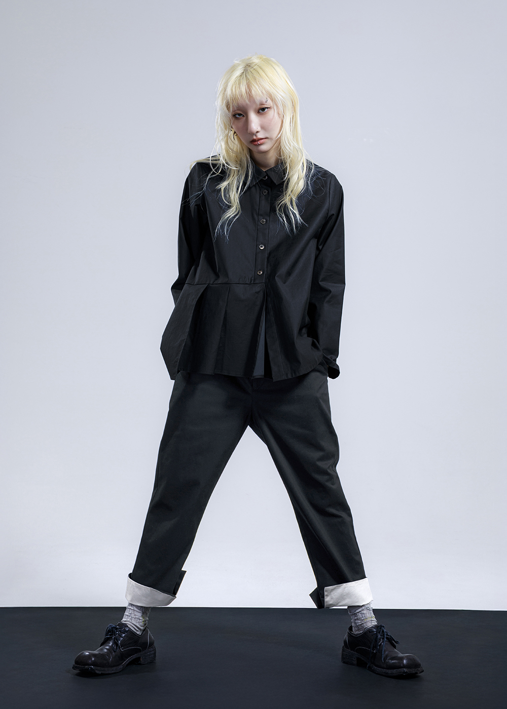 跳色開衩打褶長褲 