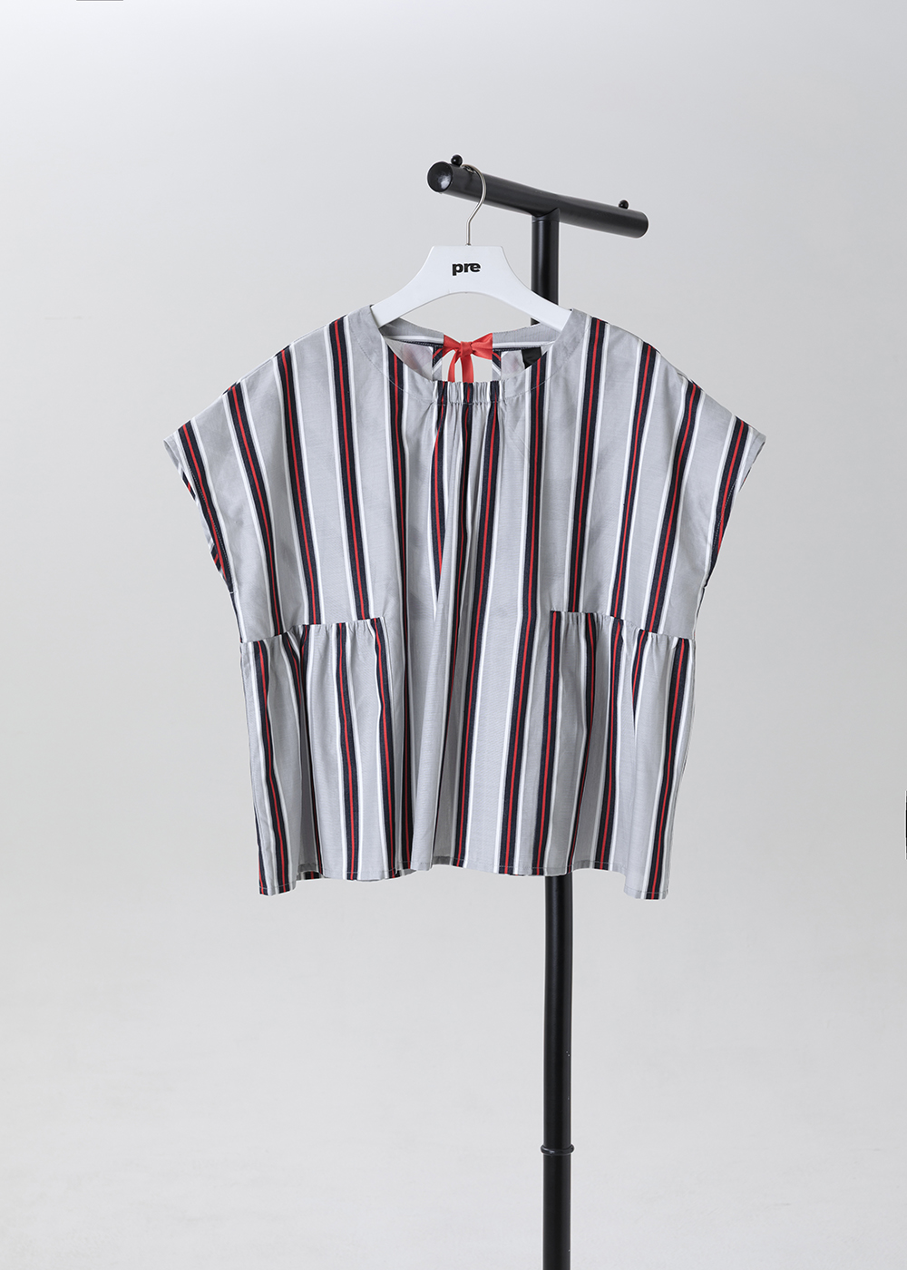 律動拼接抓皺條紋上衣